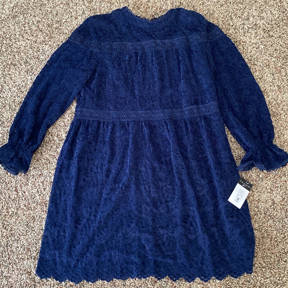 Tahari ASL Womens Navy Velvet Lace Trim Mini Shift Dress NWT